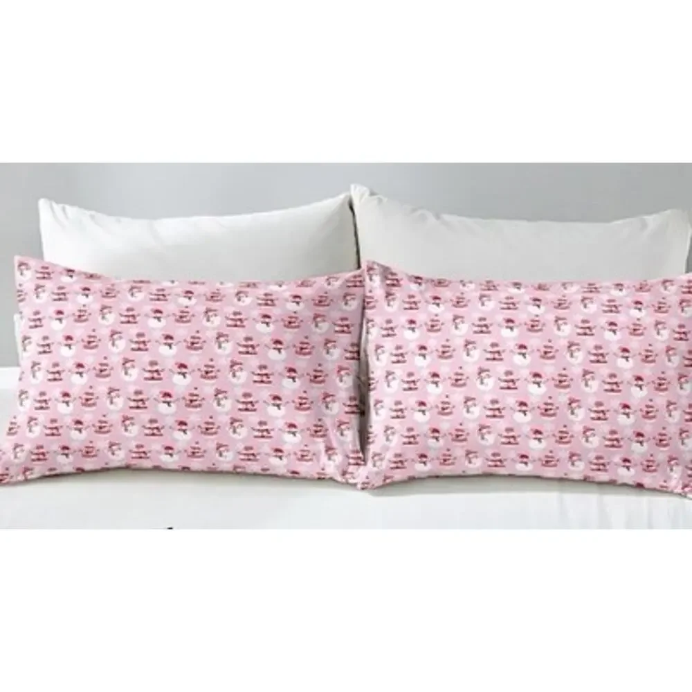 Christmas Cartoon Snowman Fitted Bed Sheet & Pillow Cases Full Pink